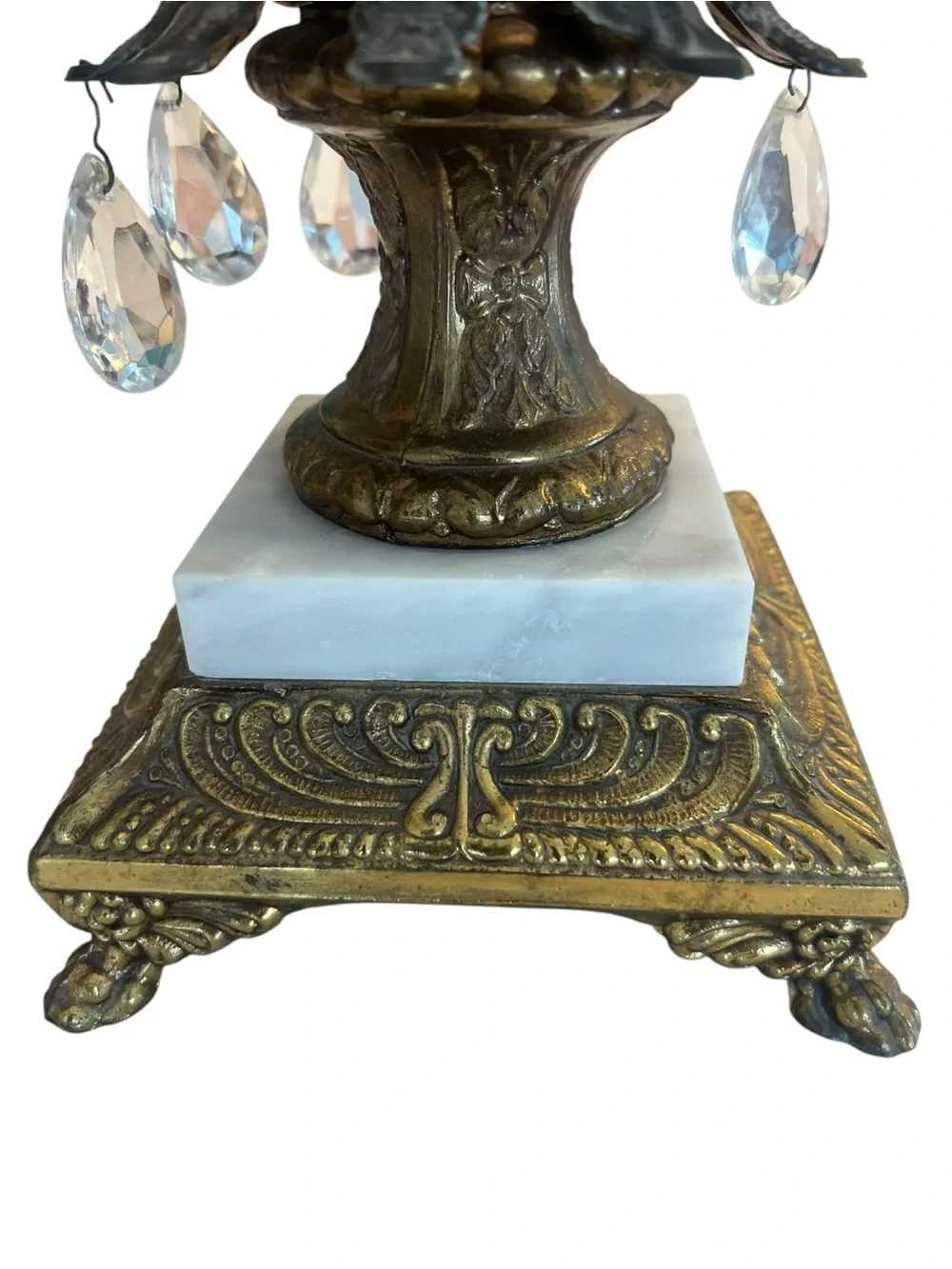 Vintage Cut Crystal Centerpiece Compote Bowl Brass & Marble Pedestal Prism Drops